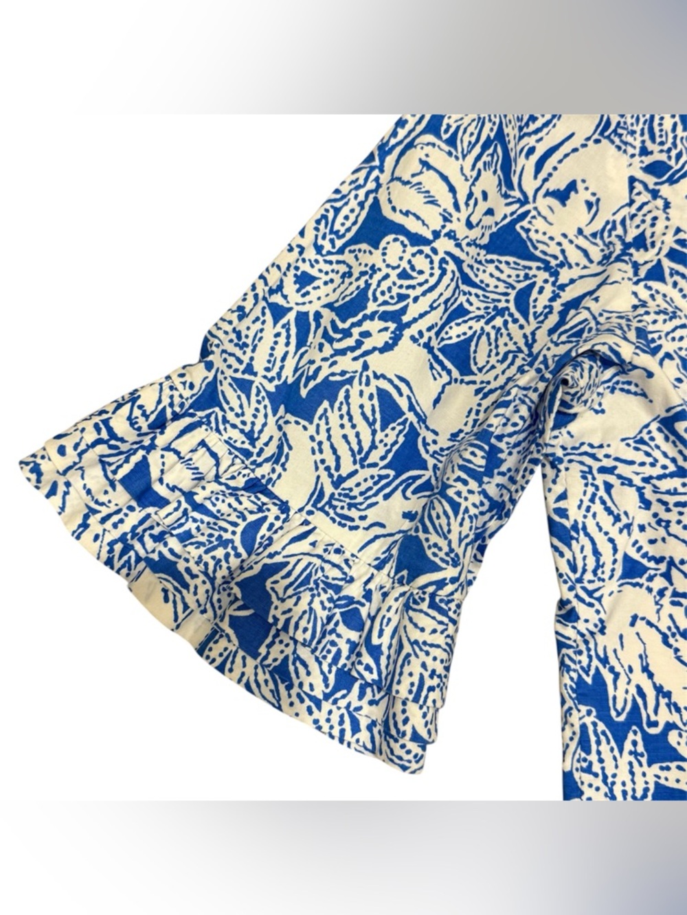 Lilly Pulitzer Lina Top Women 12 Blue White Foxed Up Print Ruffle Rare Preppy - Picture 5 of 11